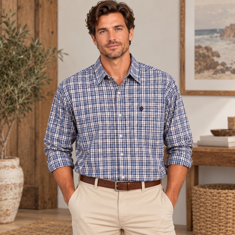 Cinch Mens Medium Blue White Plaid Long Sleeve Button Down Western Shirt Logo